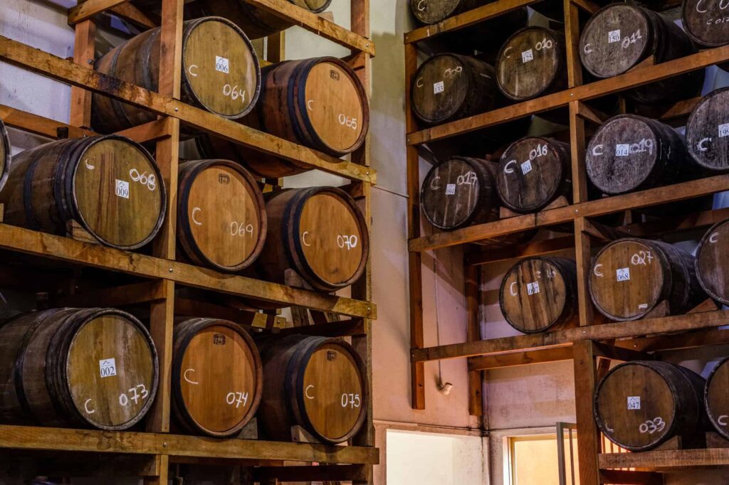 A barrel aging room at the Novo Fogo distillery. Over 95% of our barrels are American oak.