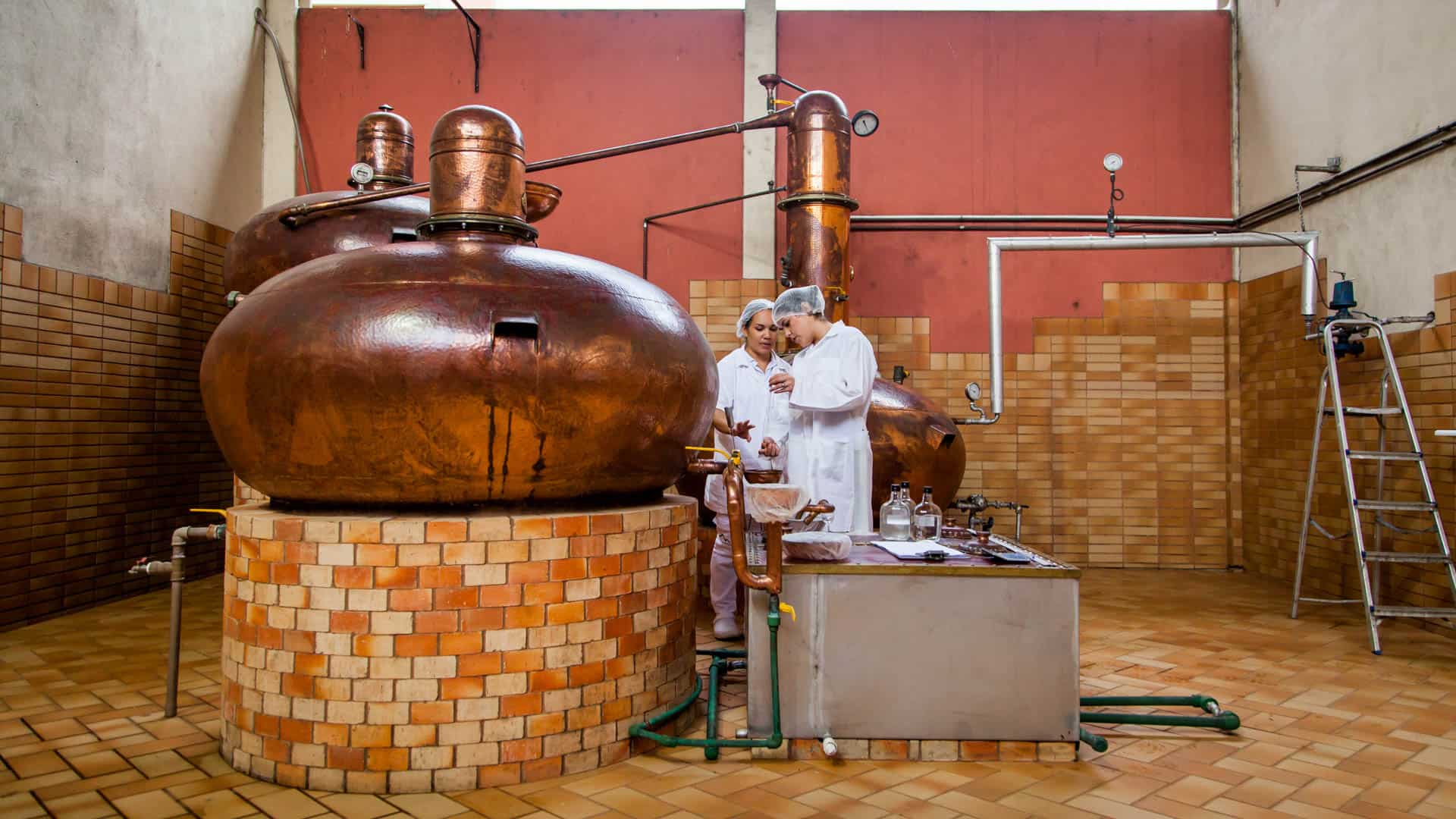 two women checking alcohol content in a room with a copper tank